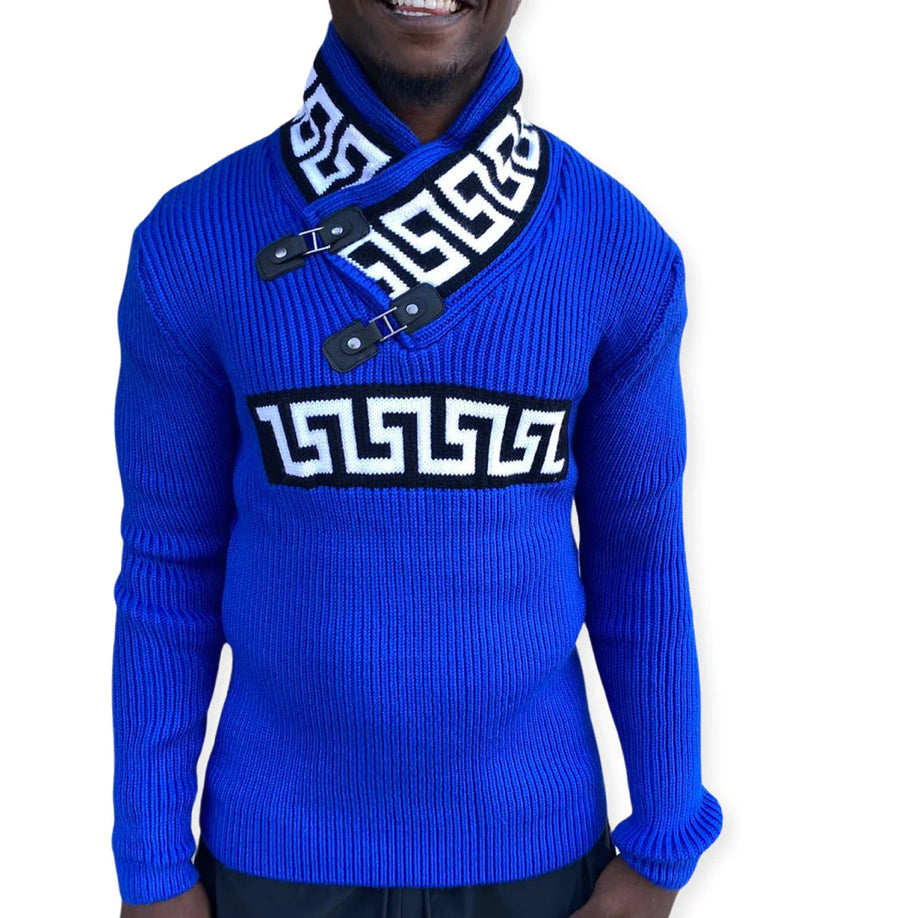 JETSON BLUE SHAWL COLLAR MENS SWEATER WITH BUCKLES