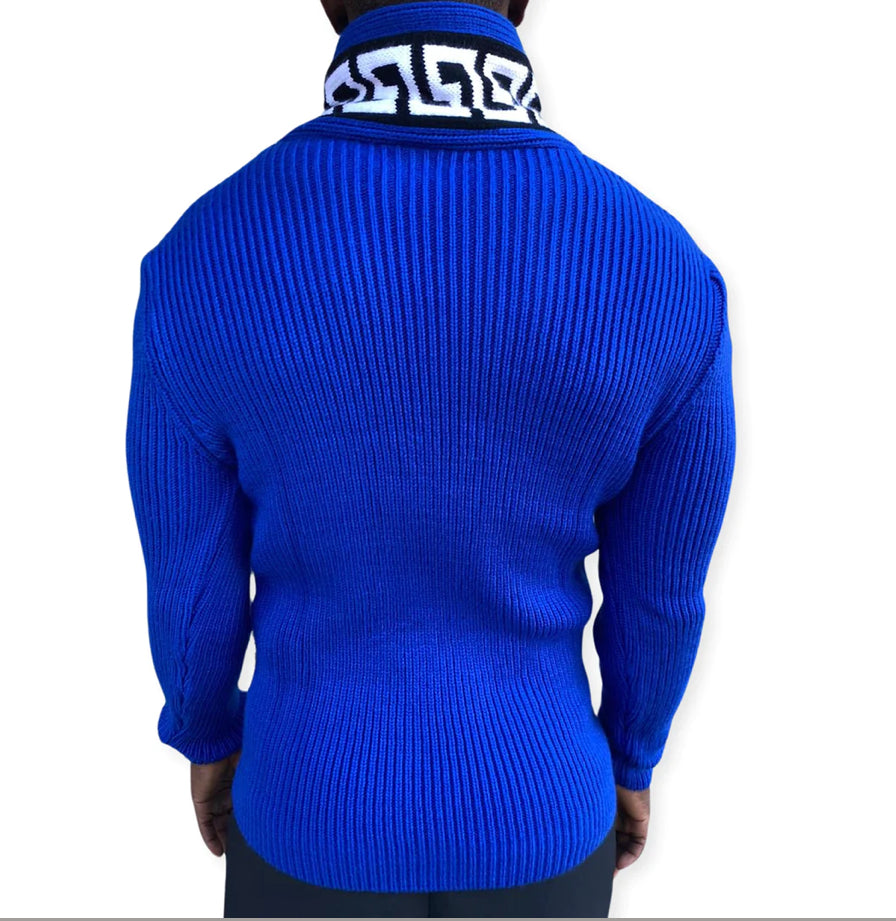 JETSON BLUE SHAWL COLLAR MENS SWEATER WITH BUCKLES