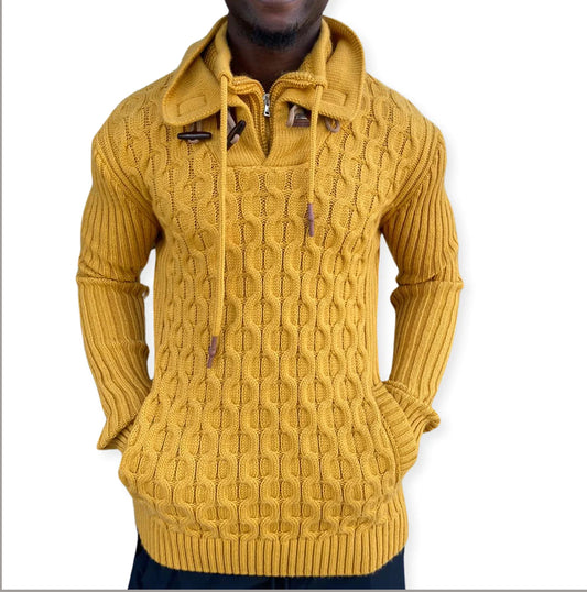 JORDAN YELLOW MENS QUARTER ZIP WOOL SWEATER WITH WOOD BUTTONS