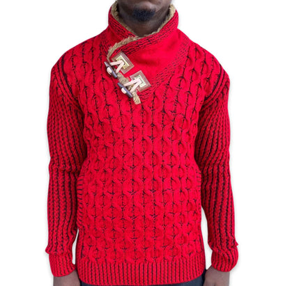 EZRA RED WOOL SHAWL COLLAR SWEATER WITH FUR AND LEATHER WOOD BUTTONS