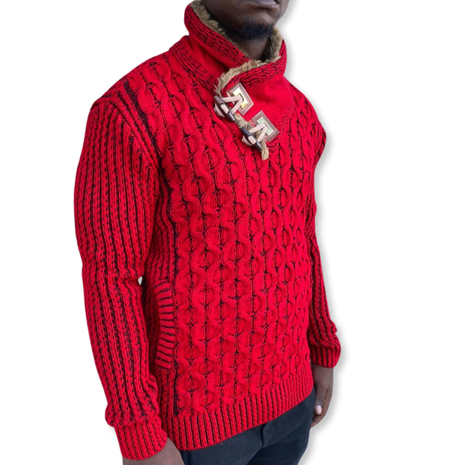 EZRA RED WOOL SHAWL COLLAR SWEATER WITH FUR AND LEATHER WOOD BUTTONS