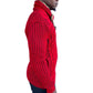 EZRA RED WOOL SHAWL COLLAR SWEATER WITH FUR AND LEATHER WOOD BUTTONS