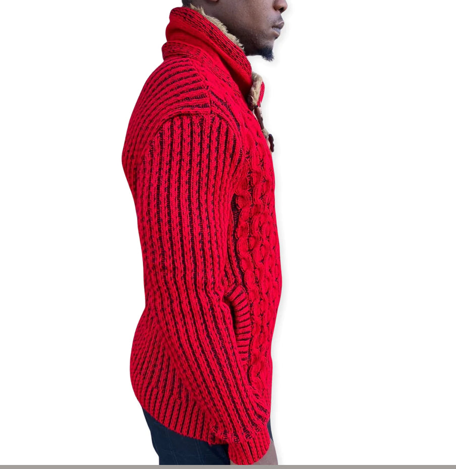 EZRA RED WOOL SHAWL COLLAR SWEATER WITH FUR AND LEATHER WOOD BUTTONS