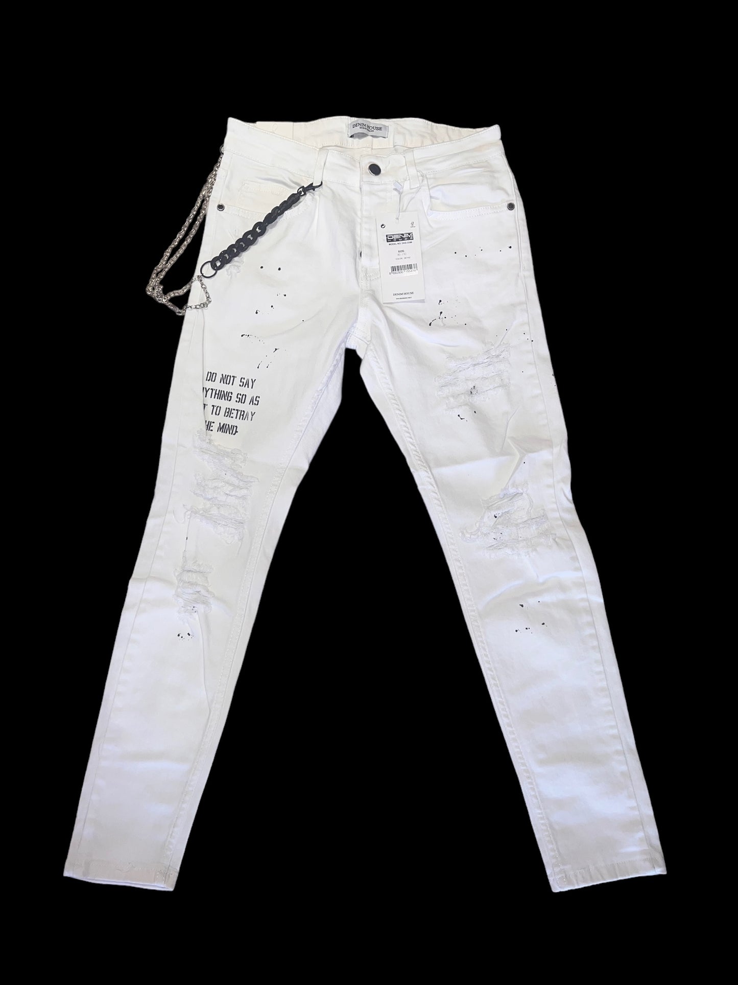 WHITE FASHION DISTRESS JEANS WITH CHAIN