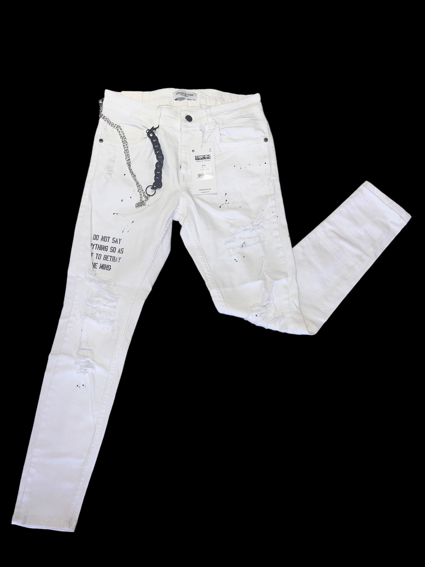 WHITE FASHION DISTRESS JEANS WITH CHAIN