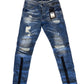 FASHION DISTRESS DENIM JEANS WITH BLACK PIPING BELOW KNEES