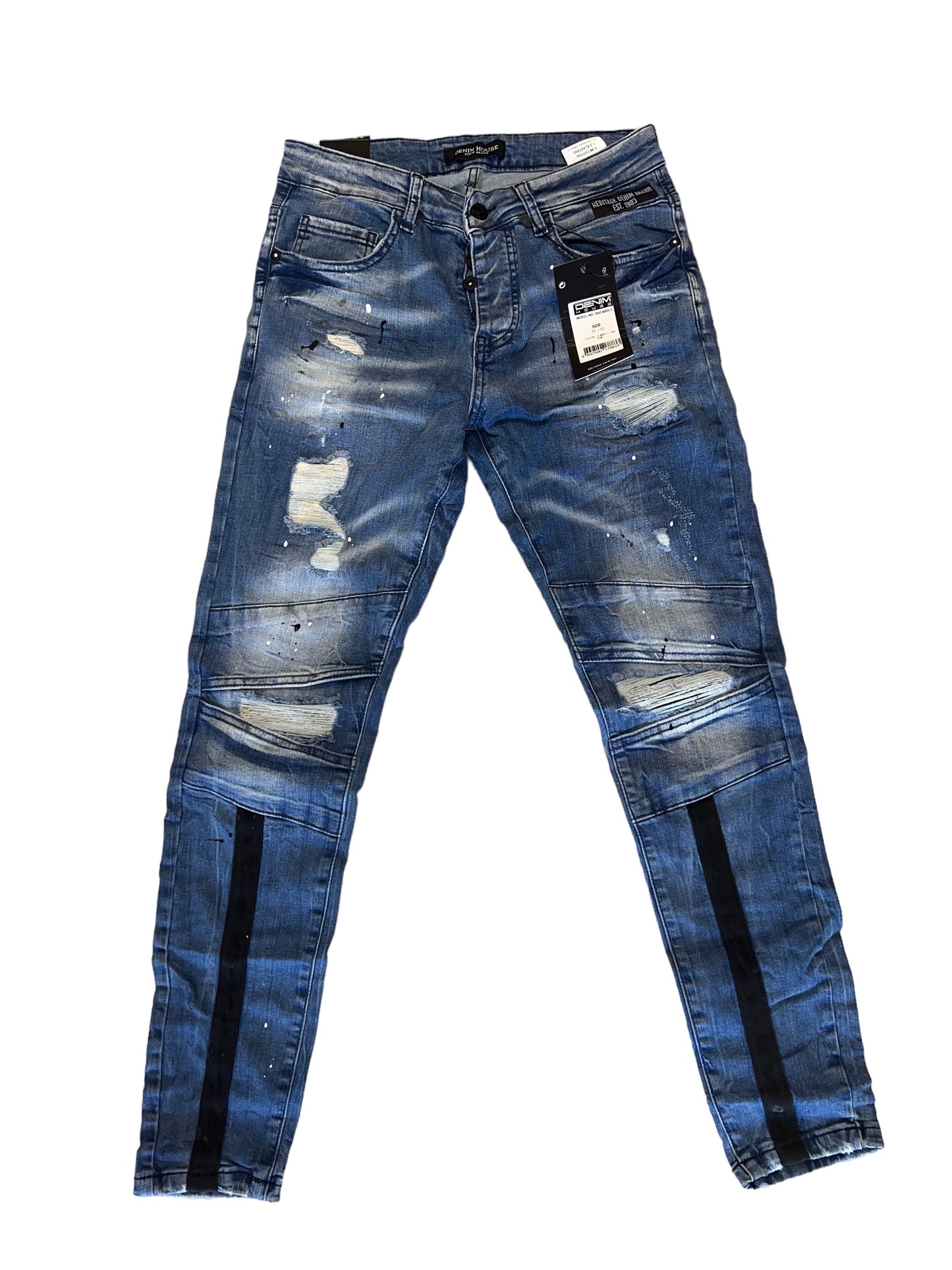 FASHION DISTRESS DENIM JEANS WITH BLACK PIPING BELOW KNEES