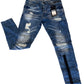 FASHION DISTRESS DENIM JEANS WITH BLACK PIPING BELOW KNEES