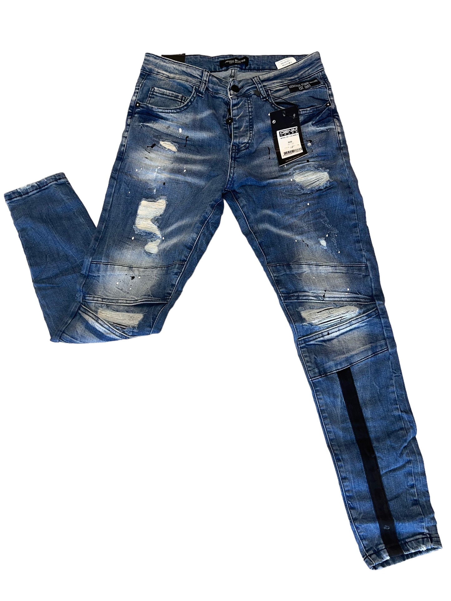 FASHION DISTRESS DENIM JEANS WITH BLACK PIPING BELOW KNEES