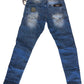 FASHION DISTRESS DENIM JEANS WITH BLACK PIPING BELOW KNEES