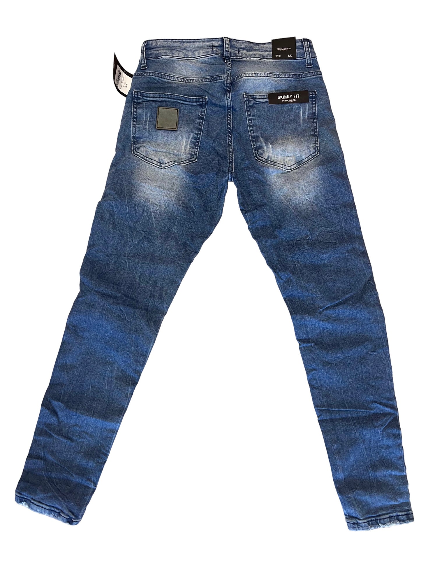 FASHION DISTRESS DENIM JEANS WITH BLACK PIPING BELOW KNEES