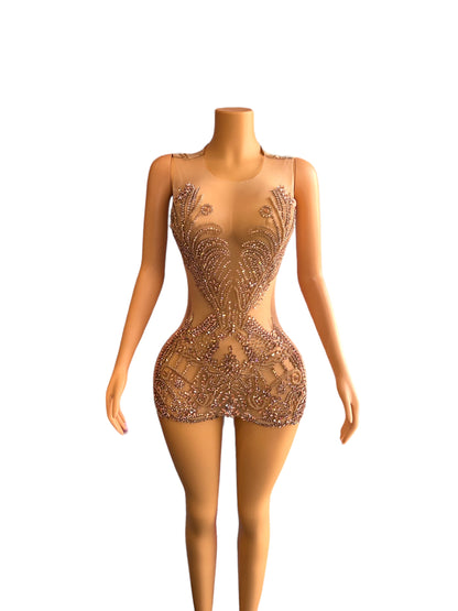 OCSTRADE GOLD SHINY MESH DRESS SEXY BODY-CON CRYSTAL FASHION MINI DRESS