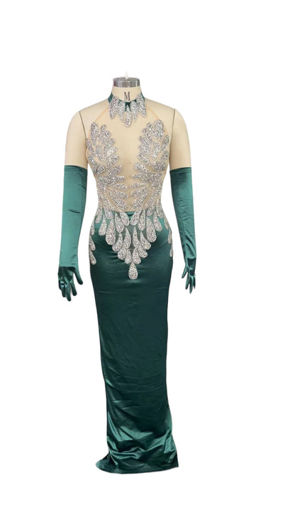 GREEN BODICE APPLIQUE LUXURY GREEN EVENING GOWN