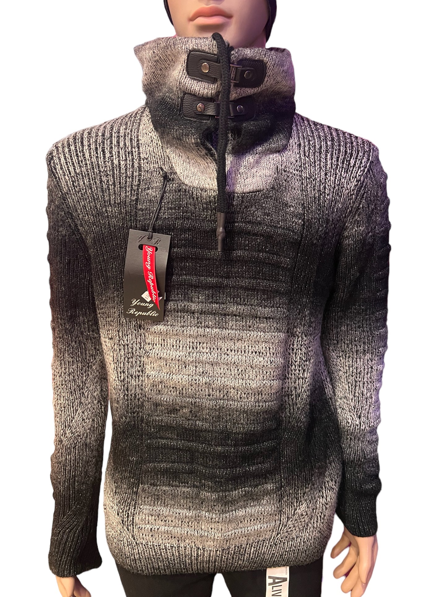 WOOL SWEATER WITH LEATHER BUTTON DRAW STRING AND ZIPPER