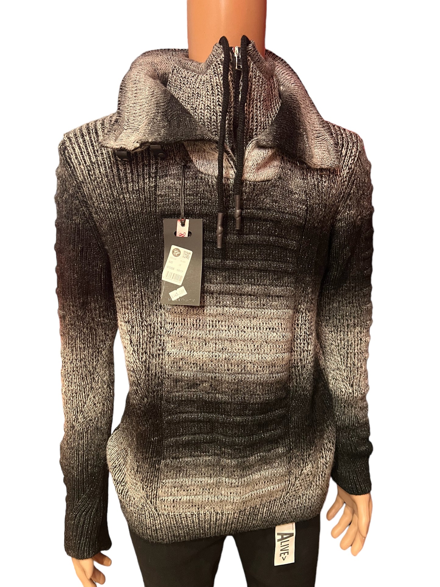 WOOL SWEATER WITH LEATHER BUTTON DRAW STRING AND ZIPPER