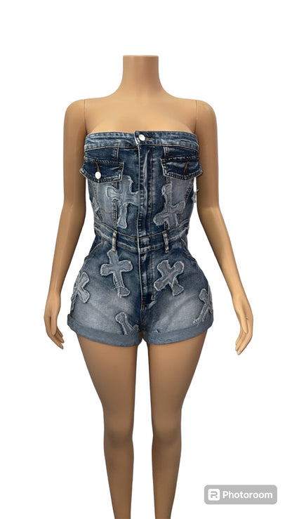 CROSS DENIM ROMPER