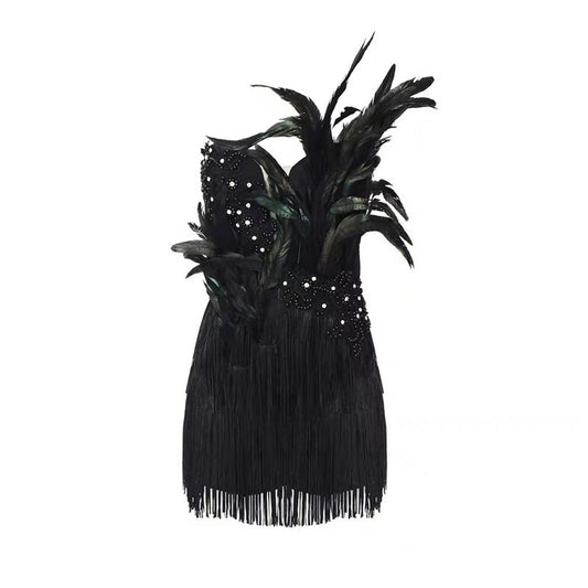 FASHION SMOOCHES CRYSTAL FRINGES FEATHER BODYSUIT