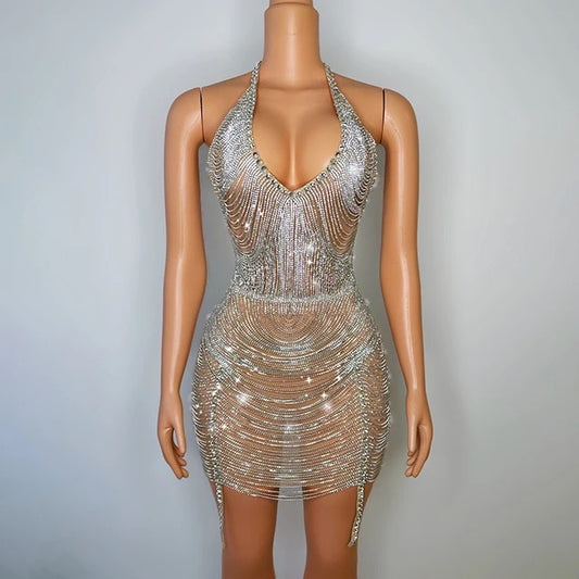 SMOOCHES DIAMONDS FLASH TASSELS  HALTER LOW CUT BLINGBLING MINI CHAIN DRESS