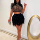 SEXY SEE-THROUGH RHINESTONE CROP TOP FEATHER MINI SKIRT BLACK