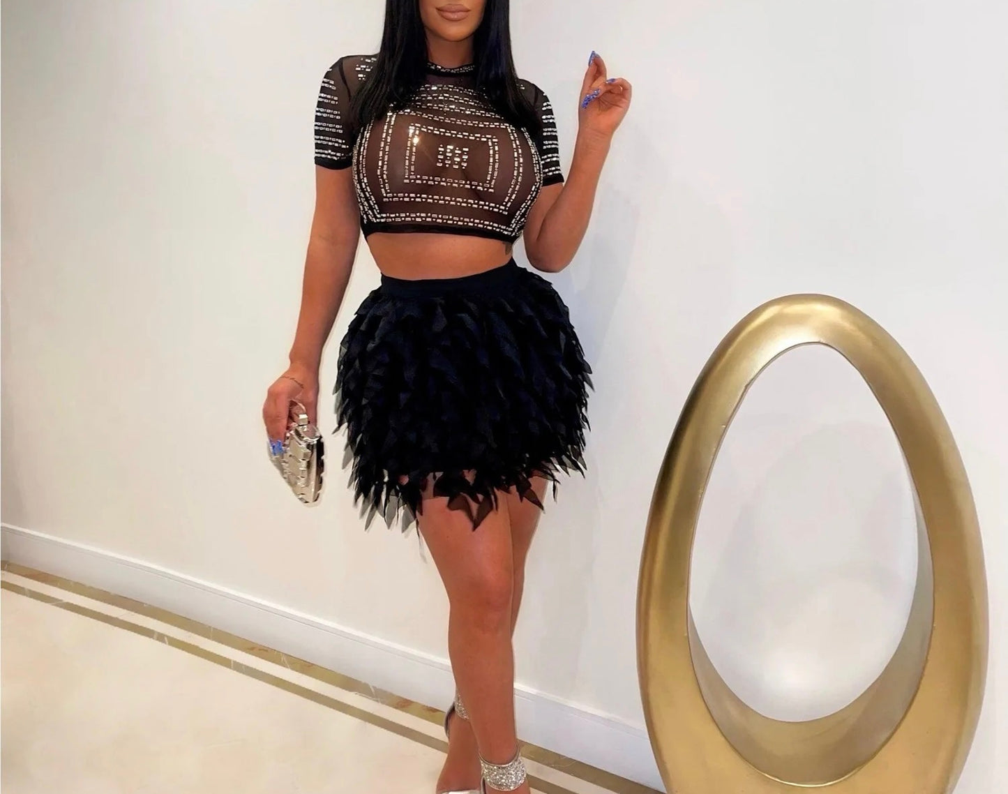 SEXY SEE-THROUGH RHINESTONE CROP TOP FEATHER MINI SKIRT BLACK