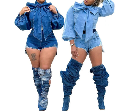 BUBBLE SLEEVE ONE PIECE SHORT JUMPSUIT WITH BIG BOW IN NECK DENIM