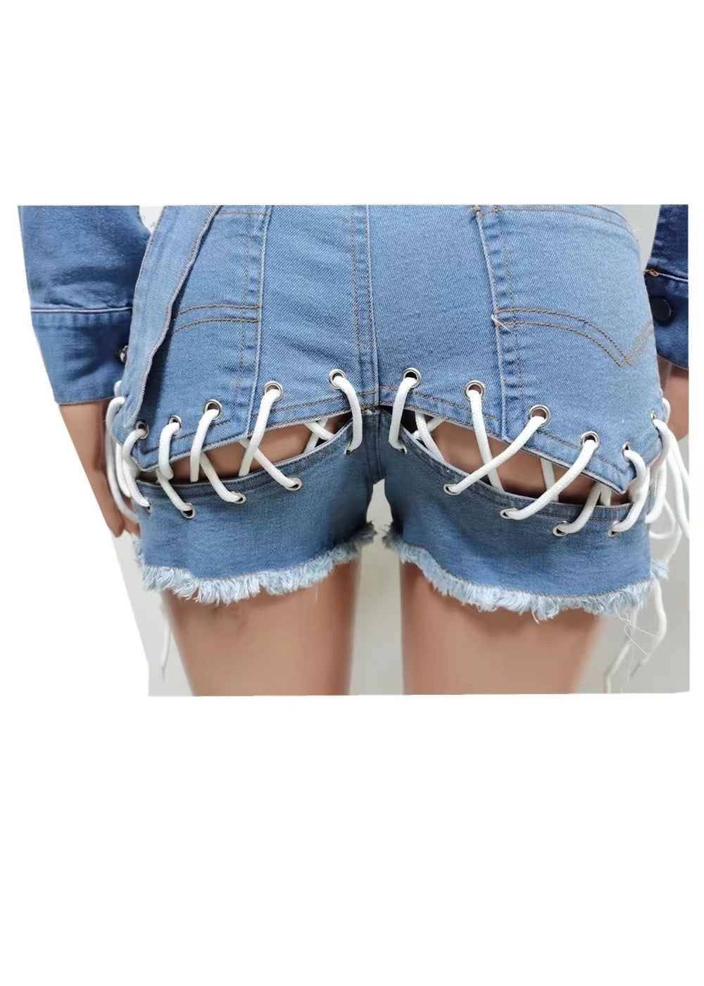 SEXY DENIM EYELET SHORT SHORTS WITH LACE  STRETCHY