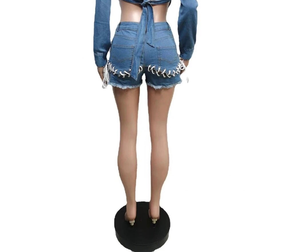 SEXY DENIM EYELET SHORT SHORTS WITH LACE  STRETCHY