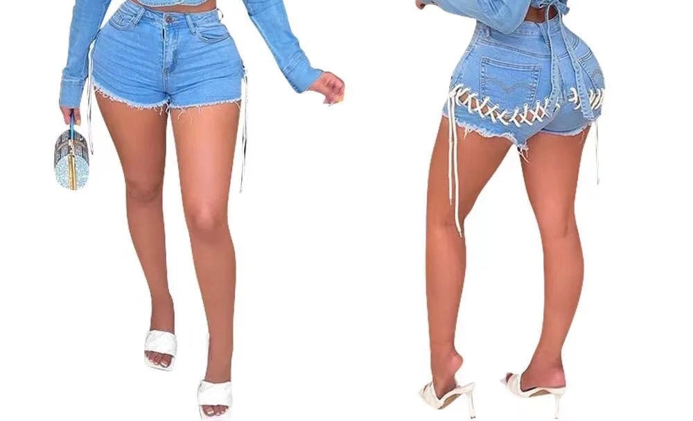 SEXY DENIM EYELET SHORT SHORTS WITH LACE  STRETCHY