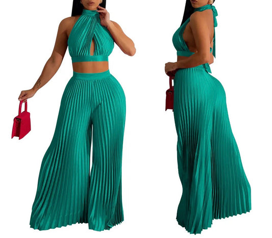 HOT EXPLOSIVE SUIT HANGING PRESSURE PLADED WIDE-LEGGED PANTS TWO-PIECE SET