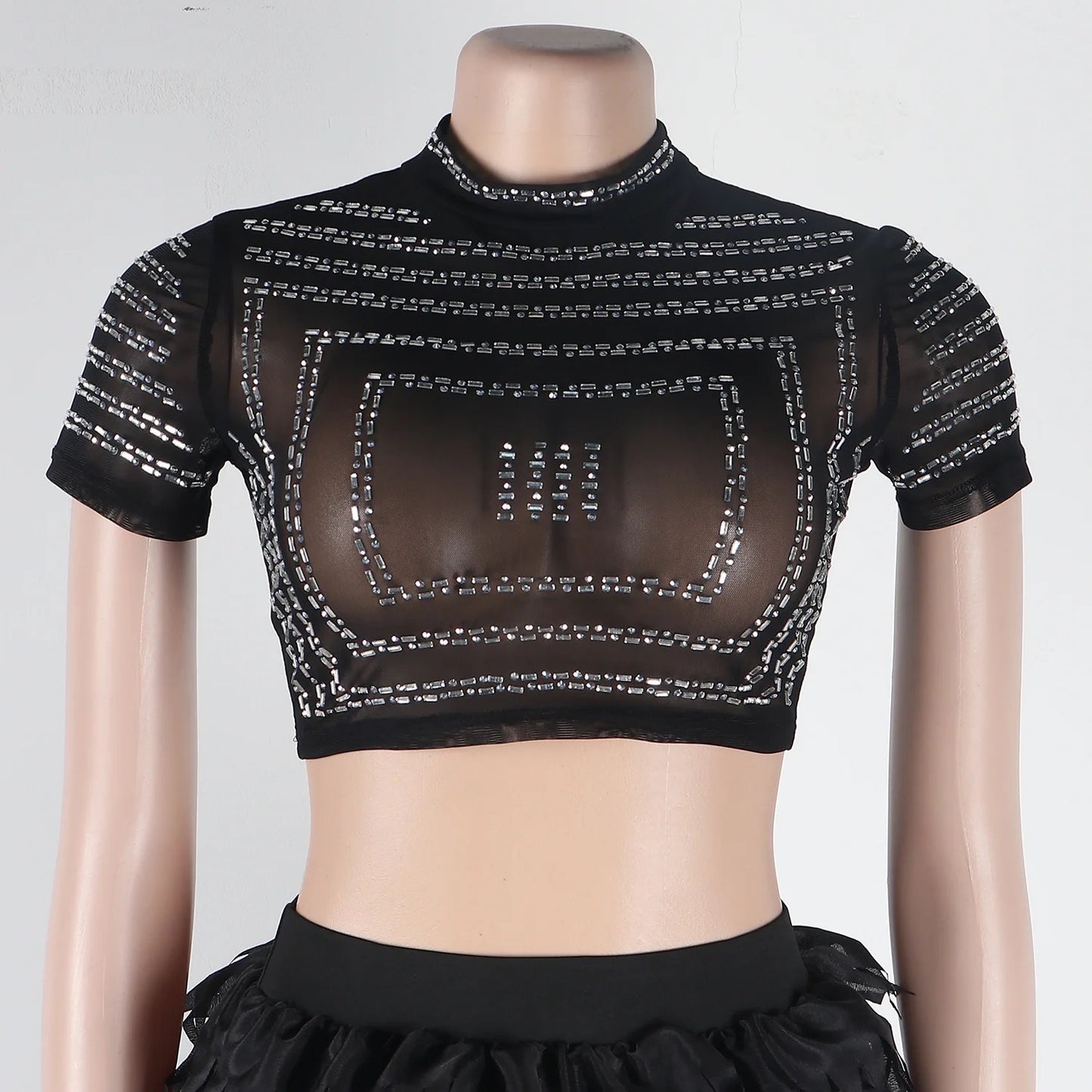 SEXY SEE-THROUGH RHINESTONE CROP TOP FEATHER MINI SKIRT BLACK