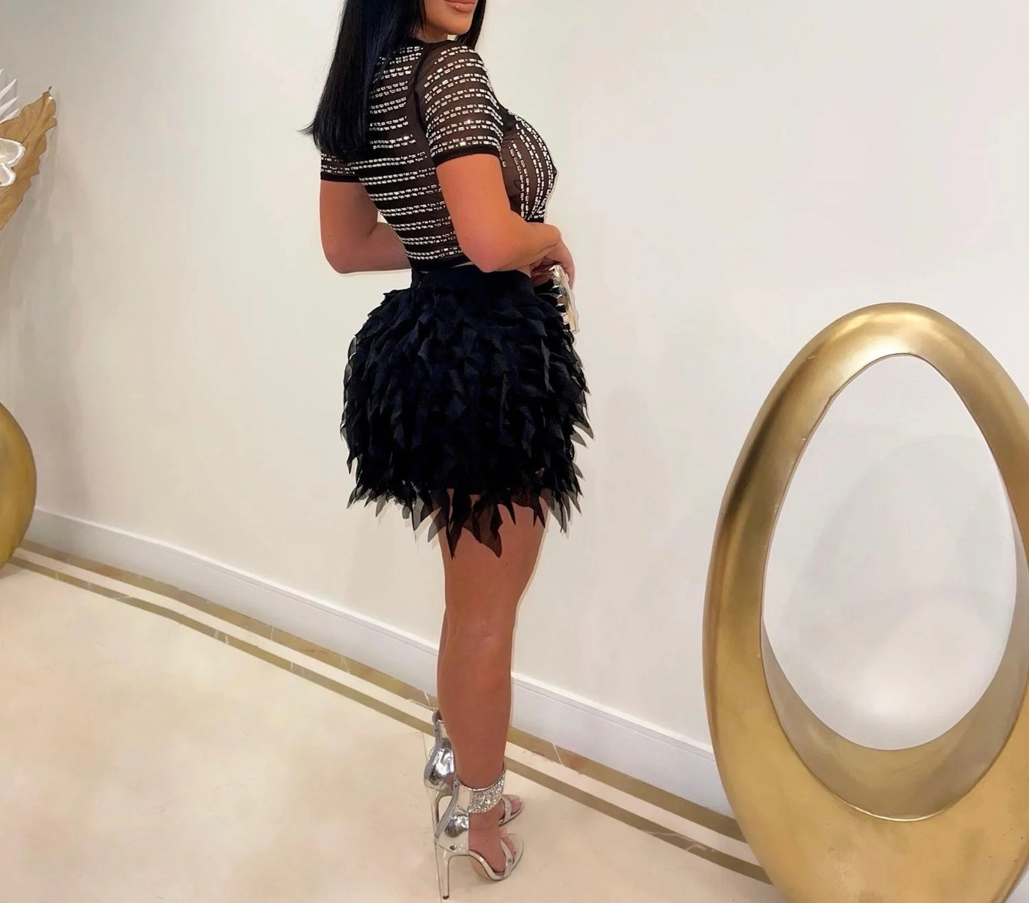 SEXY SEE-THROUGH RHINESTONE CROP TOP FEATHER MINI SKIRT BLACK