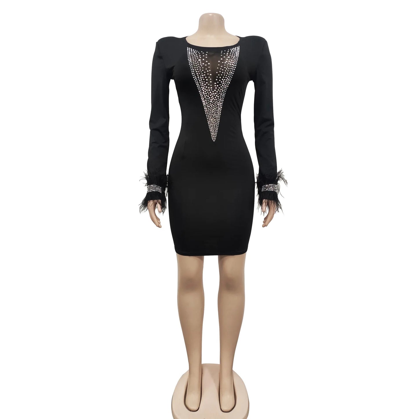 SEXY SEQUINED BODY-CON DRESS WITH LONG SLEEVE FEATHER RISK AND DIAMOND MESH