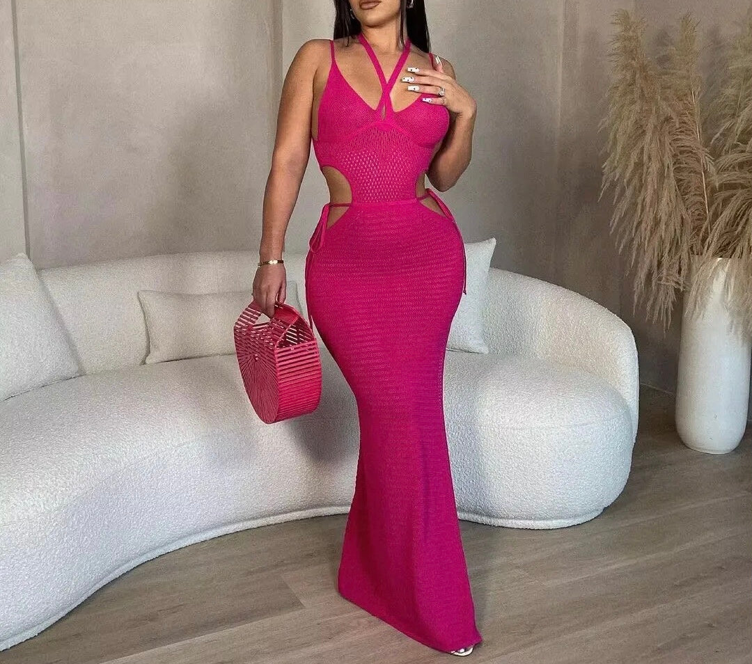 SLEEVELESS HALTER DRESS BACKLESS SEXY BANDAGE DRESS SEE THROUGH DRESS