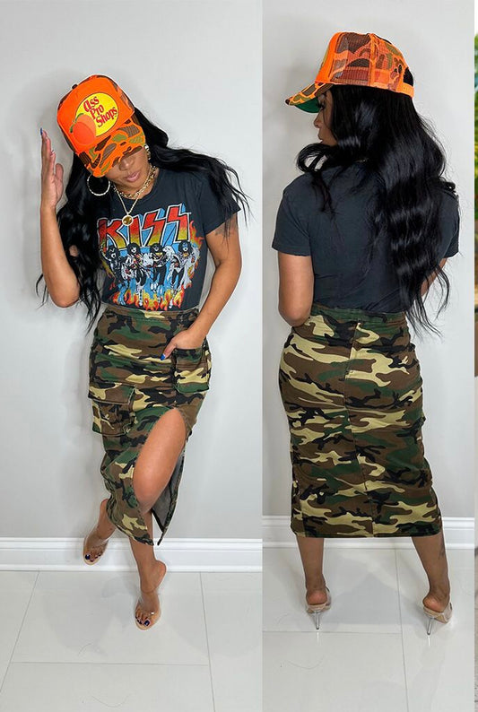 CAMO SKIRTS PRINT SPLIT HIGH WAIST FLAP POCKET SET